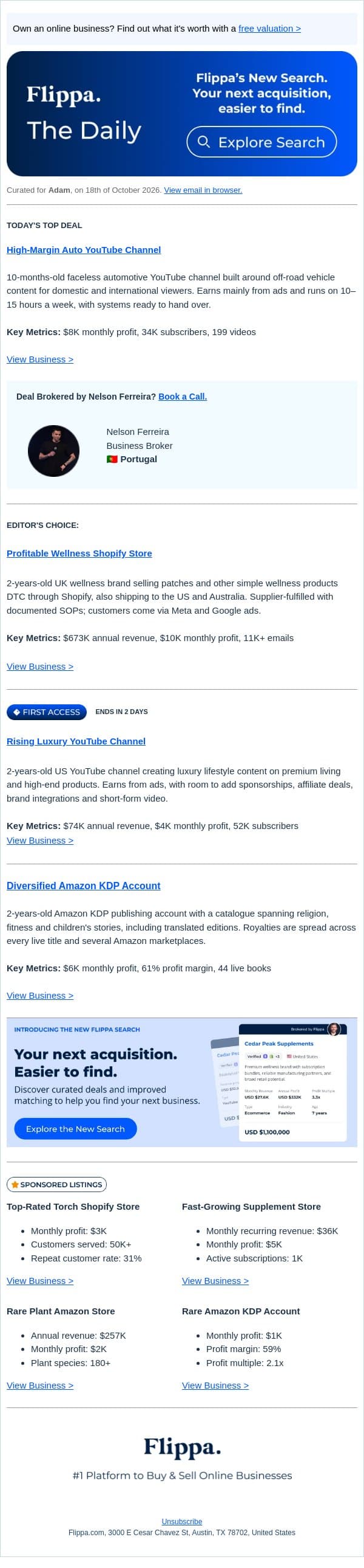 34K-Sub Auto YouTube Channel + $673K Wellness Shopify Store email from Flippa screenshot