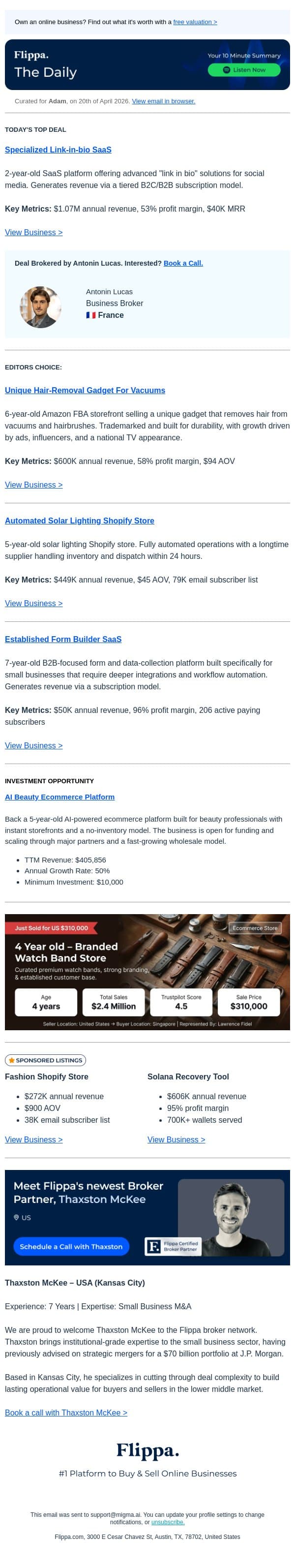 $1.07M Annual Rev Link-in-bio SaaS email from Flippa screenshot