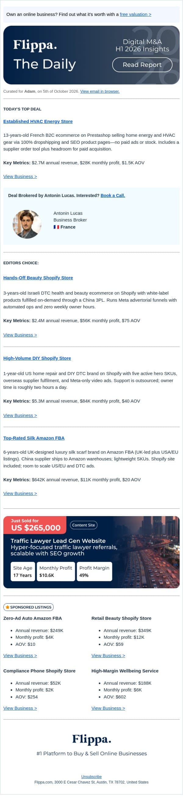 $2.7M HVAC Prestashop Store + $75-AOV Beauty Shopify Store email from Flippa screenshot