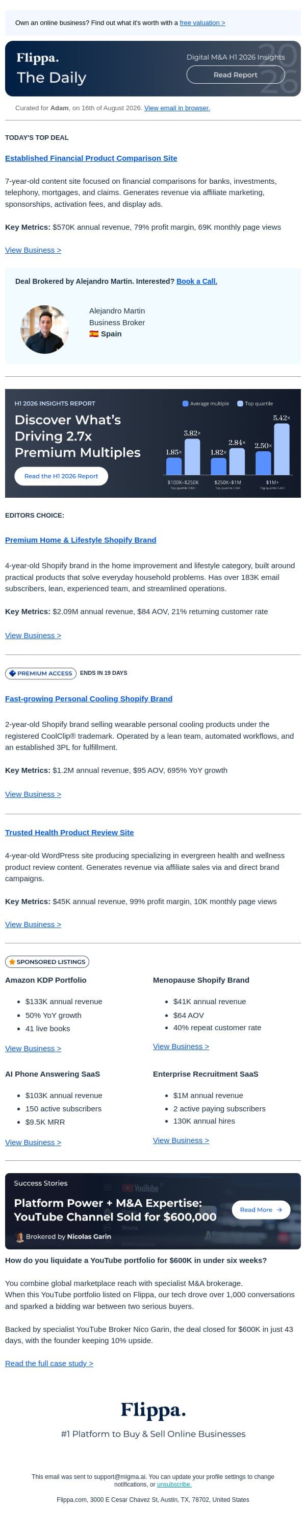 $2.09M Home & Lifestyle Brand + Financial Product Comparison Site with 69K monthly page views + 695% Growth Personal Cooling Brand email from Flippa screenshot