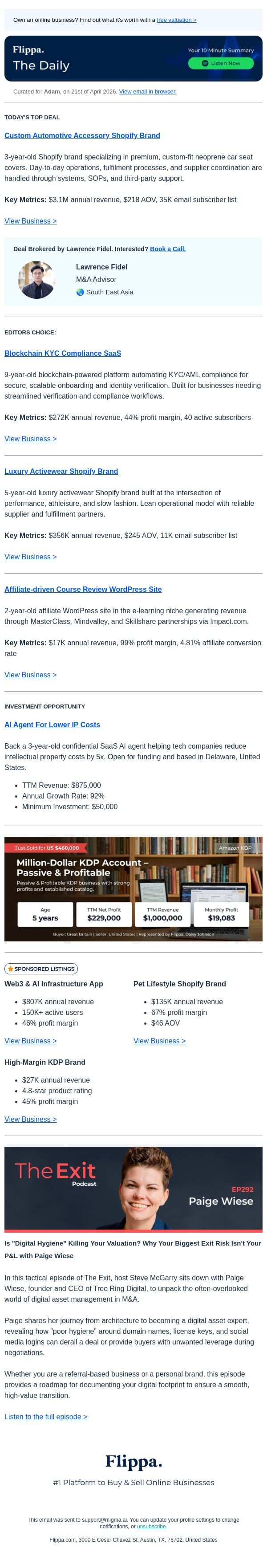 $3.1M Annual Rev Automotive Accessory Shopify Brand email from Flippa screenshot