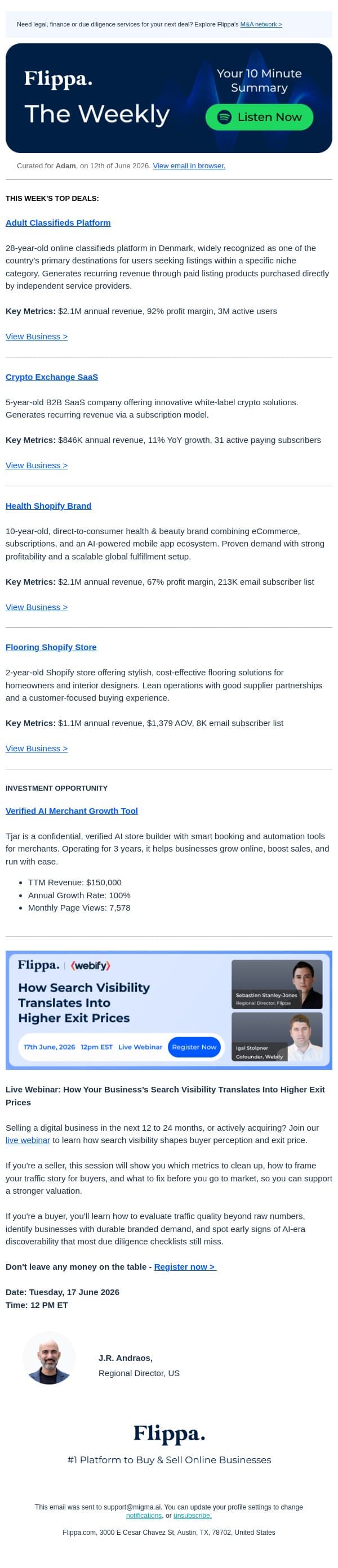 28-Yr Classifieds SaaS + $1.1M Flooring Brand + 213K Subs Health Brand email from Flippa screenshot