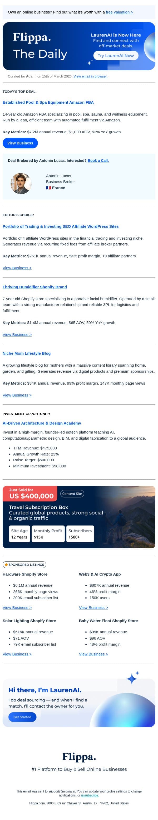 $7.2M Annua Rev Pool & Spa Equipment Amazon FBA email from Flippa screenshot