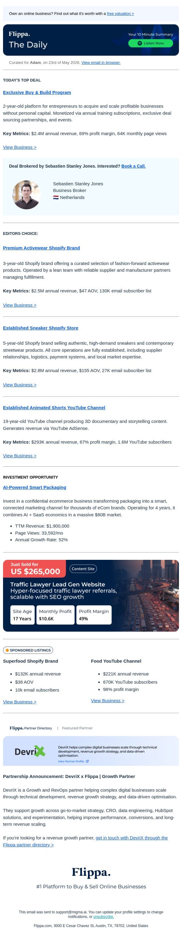 $2.4M Buy & Build Program + 19-Yr 3D Shorts Channel + 130K Email Subs Activewear Brand email from Flippa screenshot