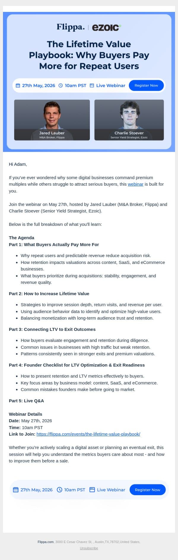 Adam, did you miss this? Webinar next week "How to sell your business for more" email from Flippa screenshot