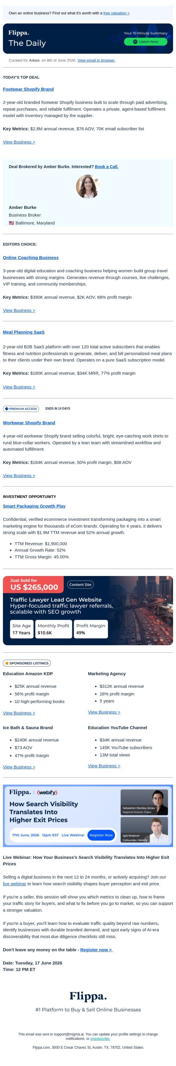 $2.8M Footwear Brand + 77% Margin Meal Planning SaaS + 3-Yr Coaching Biz email from Flippa screenshot