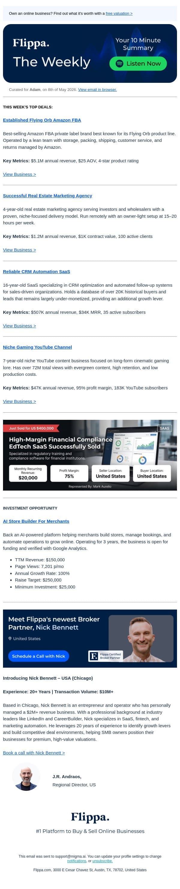 $5.1M Flying Orb Shop + 16-Year-Old CRM SaaS + 95% Margin Gaming Channel email from Flippa screenshot