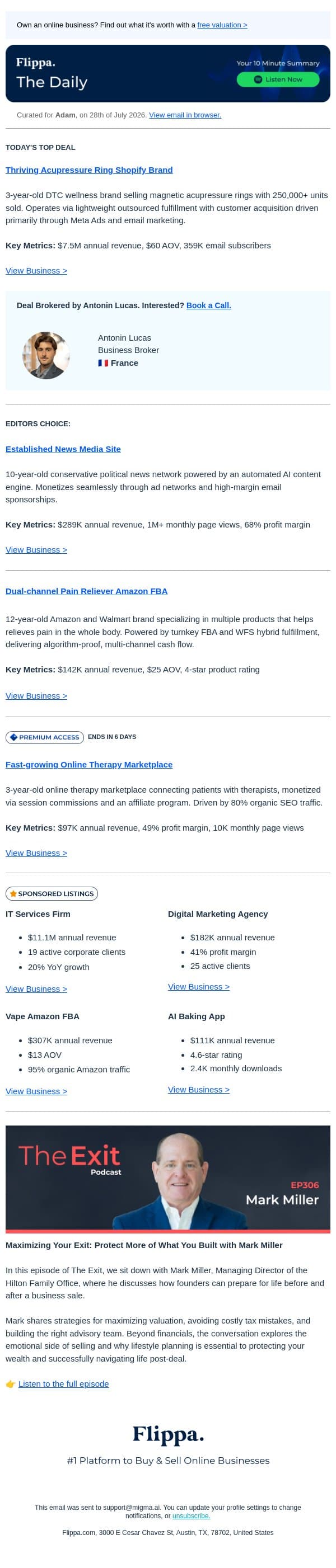 $7.5M Annual Revenue Acupressure Ring Shopify Brand + More email from Flippa screenshot