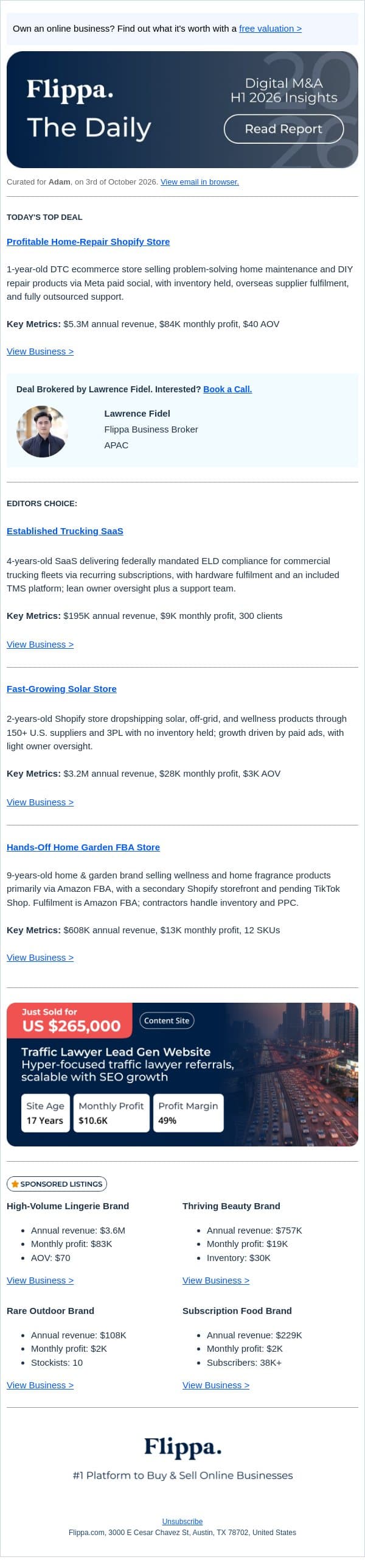 $5.3M Home-Repair Shopify Store + 4-Yr Established Trucking SaaS email from Flippa screenshot