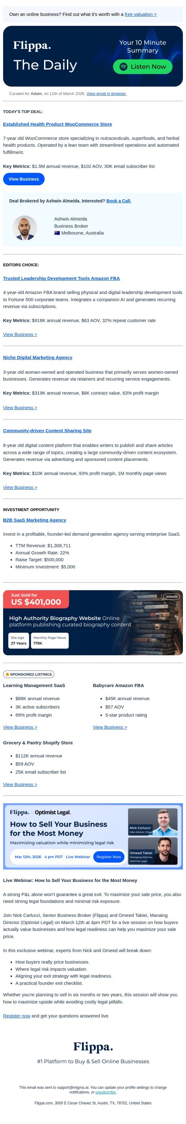 $1.5M Annual Rev Health Product WooCommerce Store + More email from Flippa screenshot