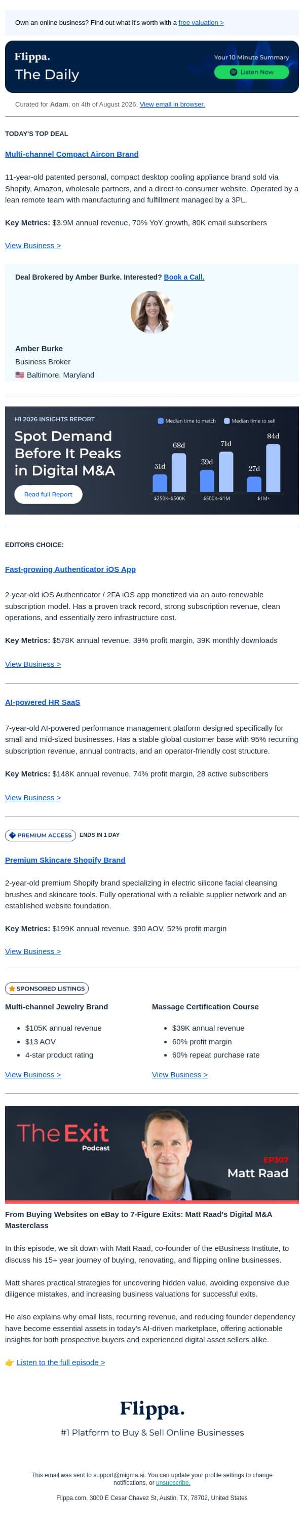 $3.9M Annual Revenue Multi-channel Compact Aircon Brand + More email from Flippa screenshot
