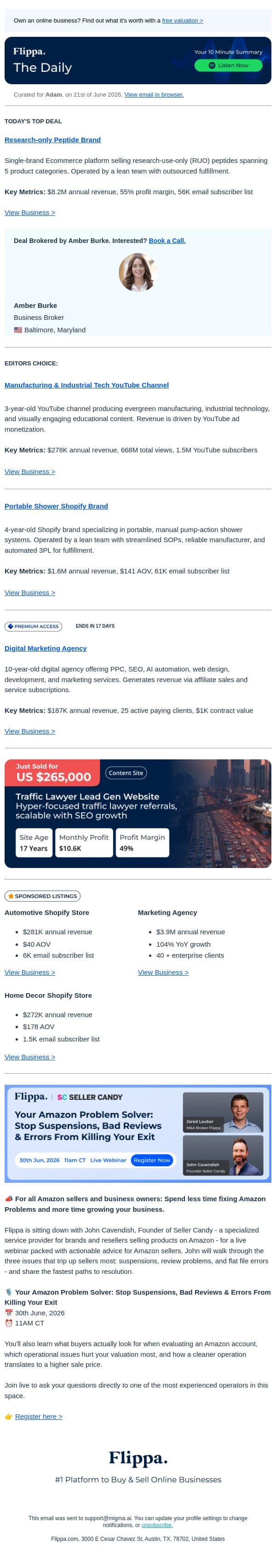 668M Views Industrial Tech Channel + $8.2M Peptide Brand + 10-Yr Marketing Agency email from Flippa screenshot