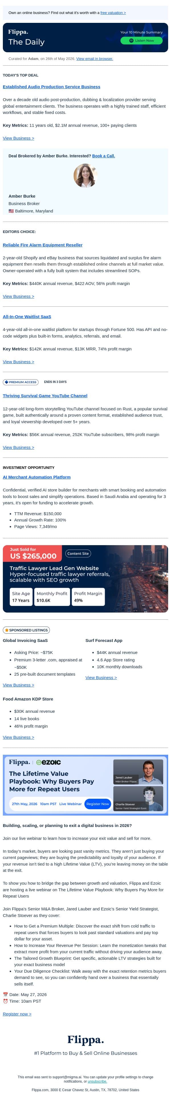 98% Margin Survival Game Channel + $2.1M Audio Prod Biz + $13K MRR Waitlist SaaS email from Flippa screenshot
