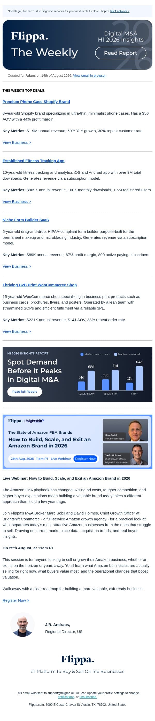 $1.9M Phone Case Brand + 1.5M Users Fitness App + Form Builder SaaS with 800 active paying subscribers email from Flippa screenshot