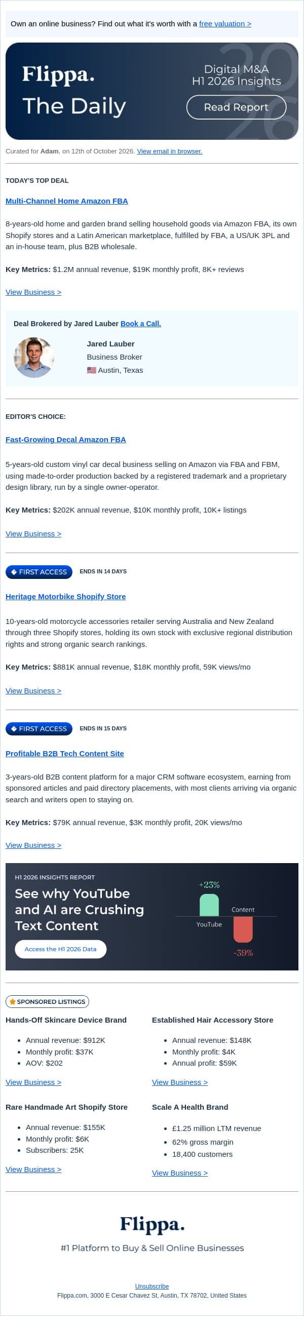 $1.2M Home Amazon FBA + 10-Yr Motorbike Shopify Store email from Flippa screenshot