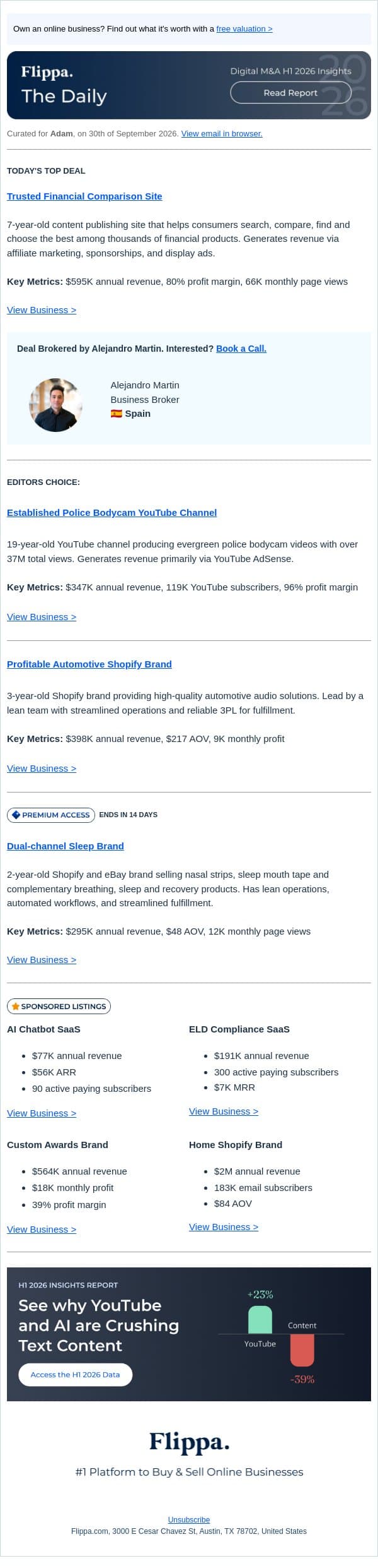 $595K Financial Comparison Site + 119K Subs Police Bodycam Channel email from Flippa screenshot