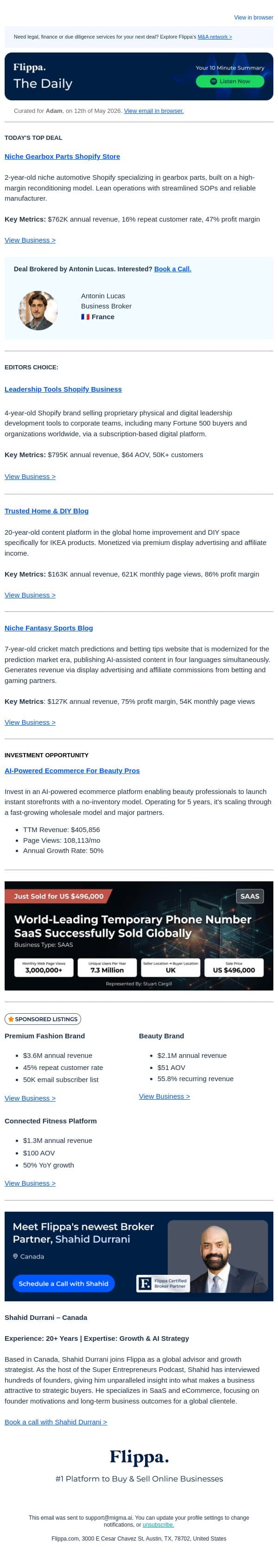 4.2M User Home Blog + 5-Yr Leadership Tools Biz + $762K Gearbox Parts Store email from Flippa screenshot