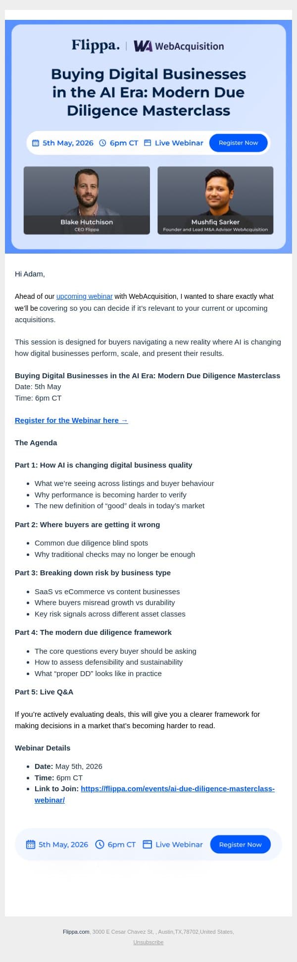 Due Diligence Masterclass Webinar for Buying in the AI Era: Agenda announced. email from Flippa screenshot
