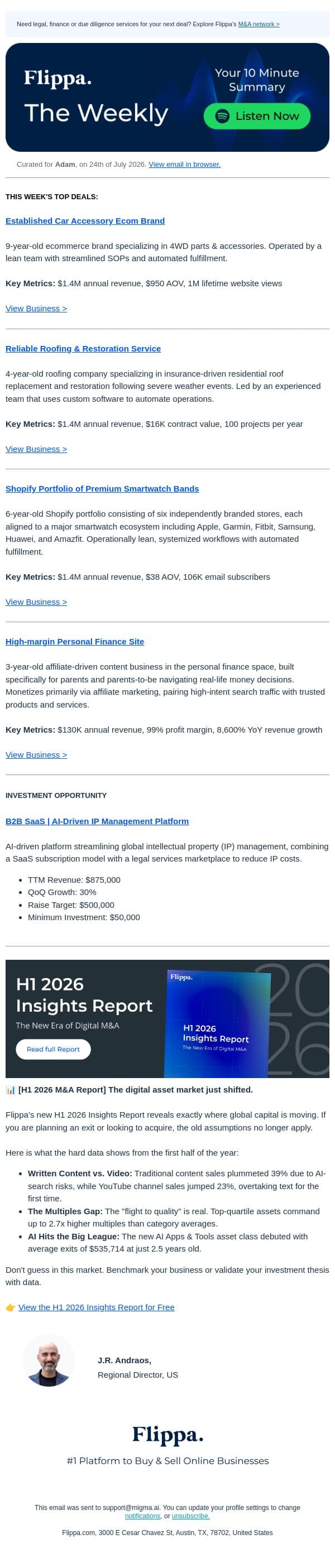 $1.4M Watch Band Brand + 8,600% Growth Finance Site + 1M Views Car Accessory Brand email from Flippa screenshot