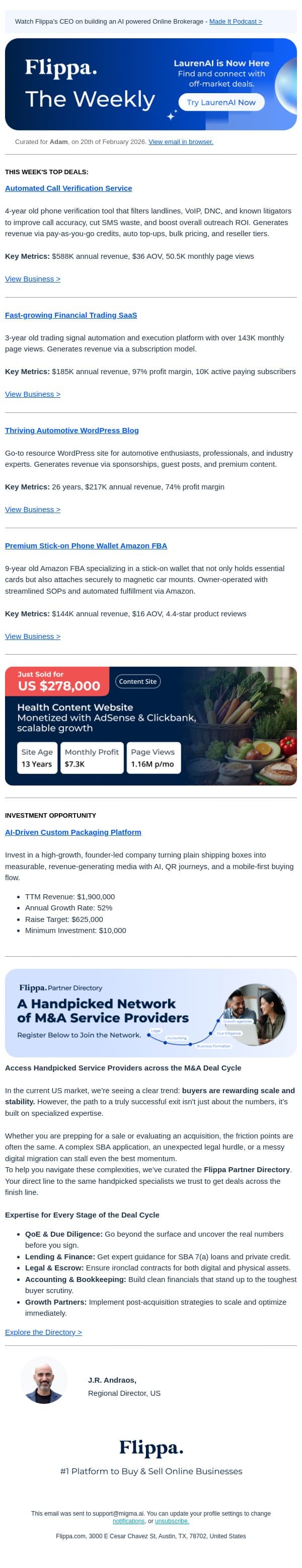 $588K Annual Rev Call Verification Service + Financial Trading SaaS + Automotive WordPress Blog email from Flippa screenshot