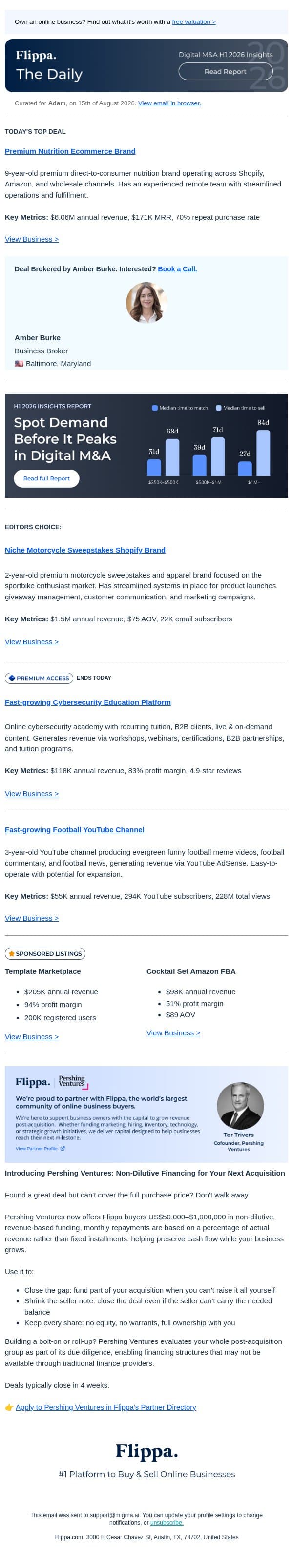$6.06M Nutrition Brand + 228M Views Football YouTube Channel + 83% Margin Cybersecurity Education Platform email from Flippa screenshot
