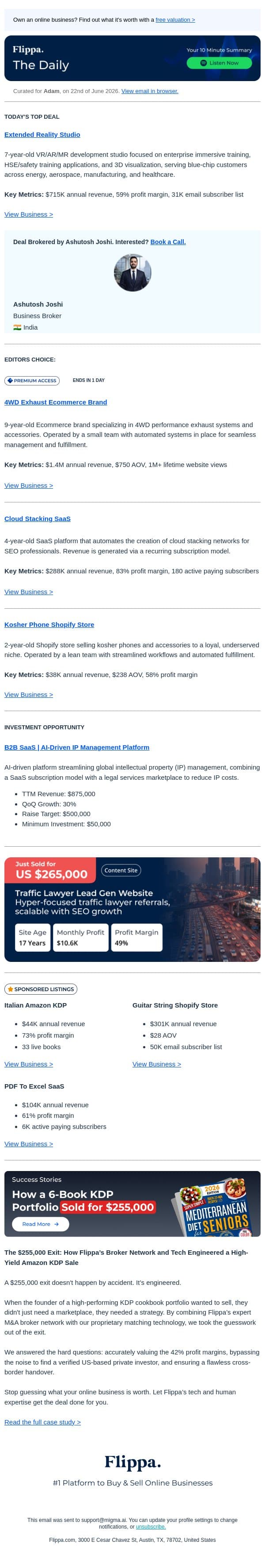 $1.4M Annual Rev Exhaust Brand + 83% Margin Cloud Stacking SaaS + Seller Candy Webinar email from Flippa screenshot