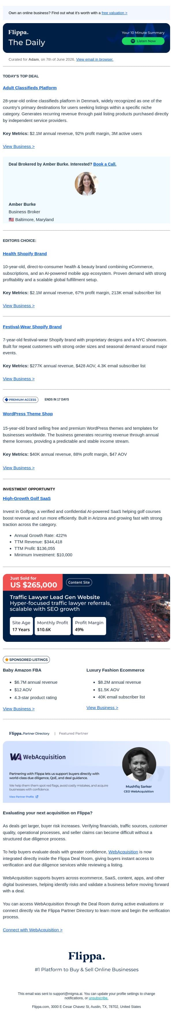 Classifieds Platform with 3M Users + $2.1M Health Brand + 88% Margin Theme Shop email from Flippa screenshot
