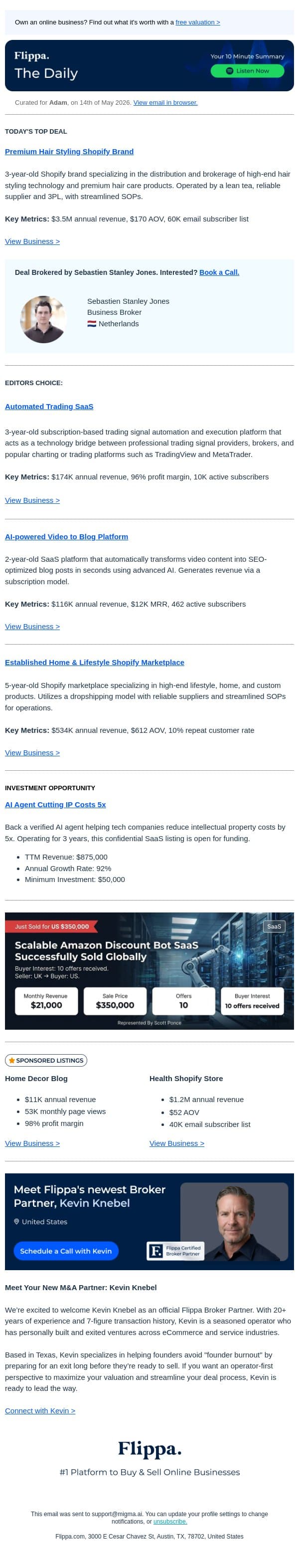 $3.5M Annual Rev Hair Styling Brand + 96% Margin Trading SaaS + 12K MRR Video to Blog SaaS email from Flippa screenshot