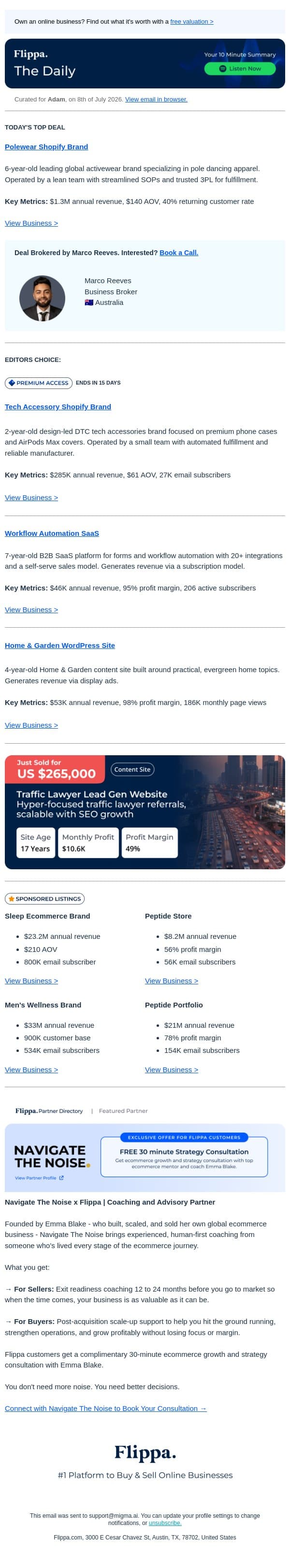$1.3M Polewear Brand + 186K Monthly Views Blog Site + Navigate the Noise email from Flippa screenshot