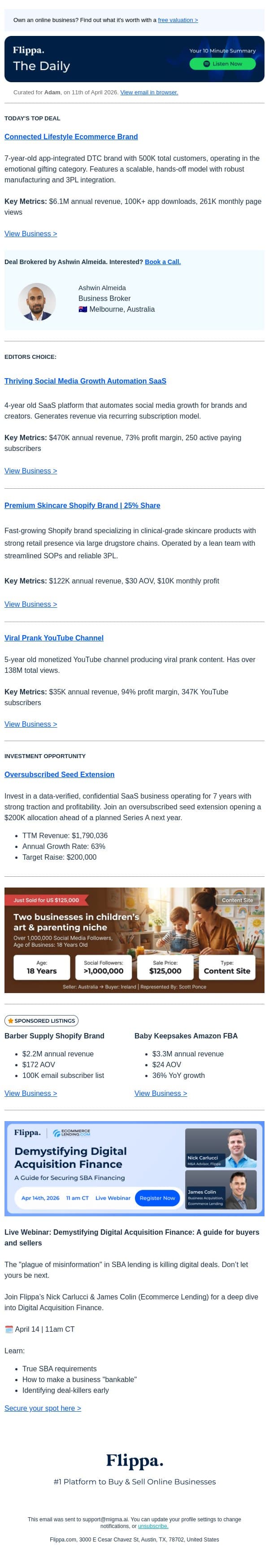 $6.1M Annual Rev Connected Lifestyle Ecom Brand email from Flippa screenshot