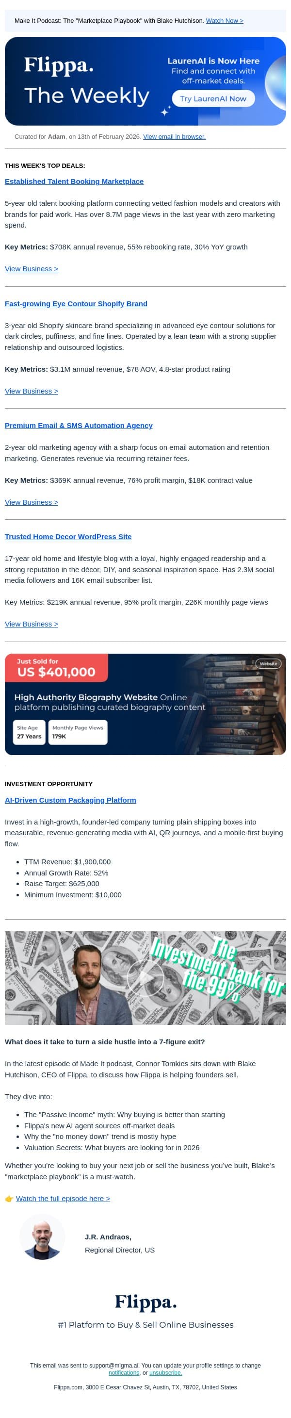 Your Friday Deal Digest: AI Packaging, Talent Marketplace, and Skincare Shopify email from Flippa screenshot