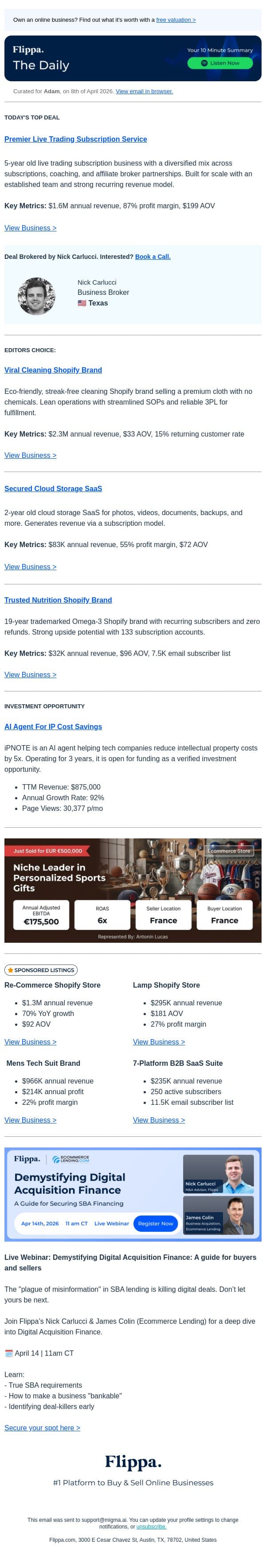 $1.6M Annual Rev Live Trading Subscription Service email from Flippa screenshot
