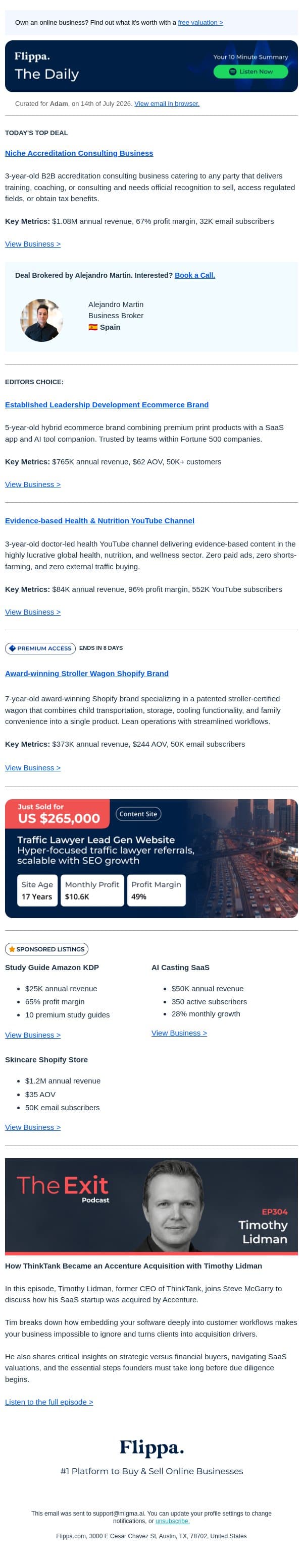 Award-winning Wagon Brand + 96% Margin Nutrition Channel + $1.08M Accreditation Biz email from Flippa screenshot