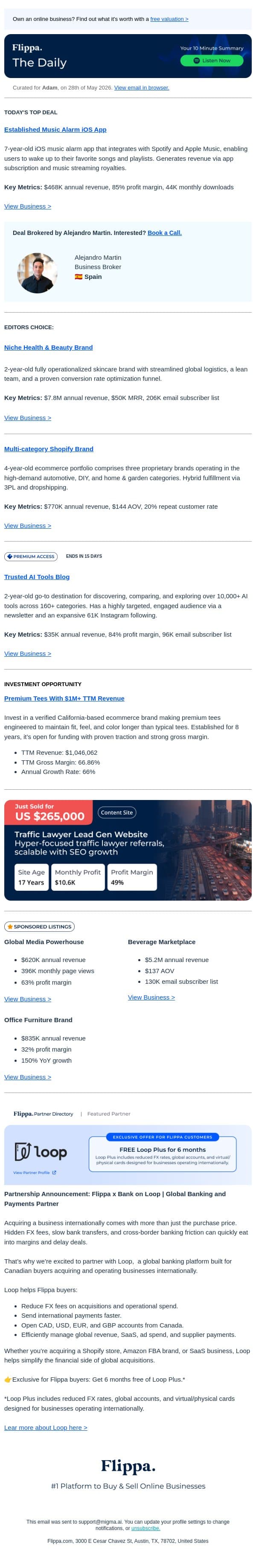 85% Margin Music Alarm App + $7.8M Skincare Brand + 4-Yr Multi-category Brand email from Flippa screenshot