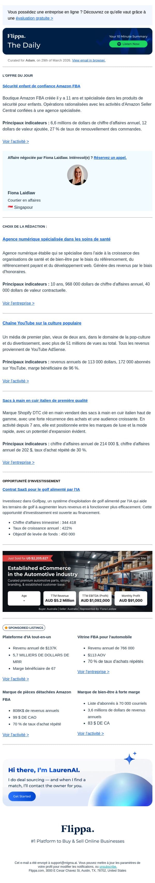 Sécurité des enfants de 11 ans - Amazon FBA email from Flippa screenshot