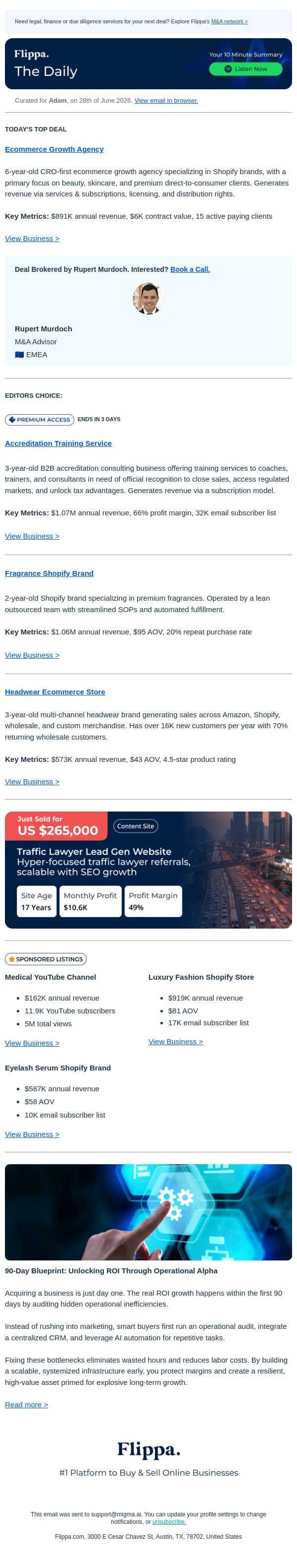 6-Yr Ecom Growth Agency + $1.07M Accreditation Service + Fragrance Brand with a 20% repeat purchase rate email from Flippa screenshot