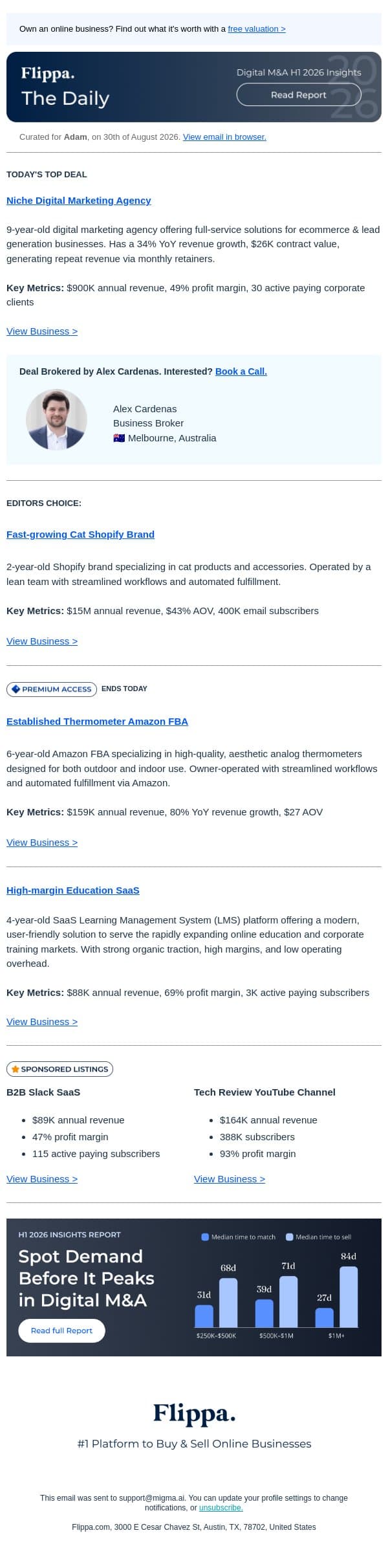 $15M Annual Rev Cat Brand + 34%YoY Growth Marketing Agency email from Flippa screenshot