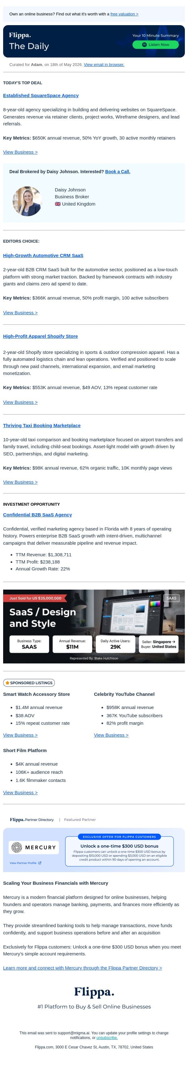 8-Yr SquareSpace Agency + 62% Traffic Taxi Booking Marketplace + 50% Margin Automotive CRM SaaS email from Flippa screenshot