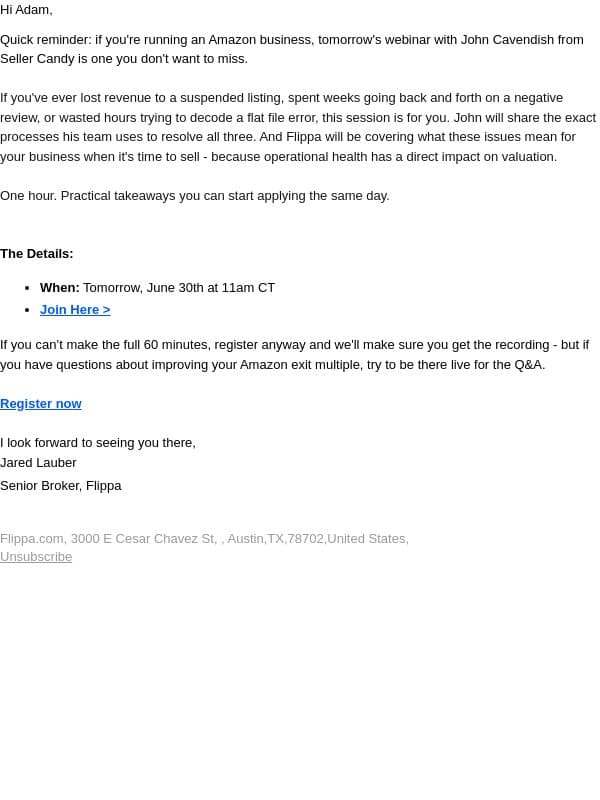 Last chance - Amazon suspensions, reviews, flat file errors and what they mean for your exit value. email from Flippa screenshot