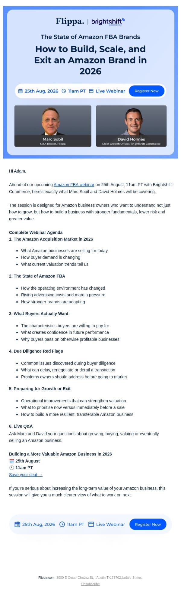 Webinar - Is your Amazon business ready for 2026 buyer scrutiny? email from Flippa screenshot