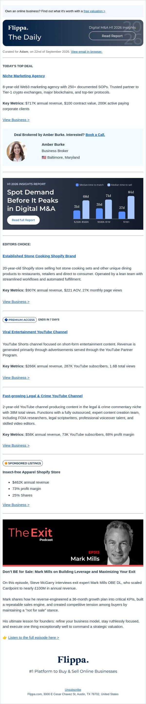 $907K Stone Cooking Brand + 8-Yr Marketing Agency + 1.6B Views Entertainment Channel + 88% Margin Legal & Crime Channel email from Flippa screenshot