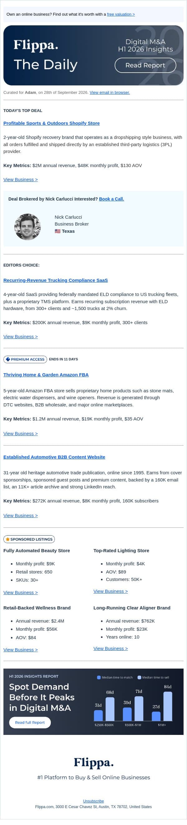 $2M Sports & Outdoors Store + 100+ Yr Automotive Publication + 300+ Client Trucking Compliance SaaS email from Flippa screenshot
