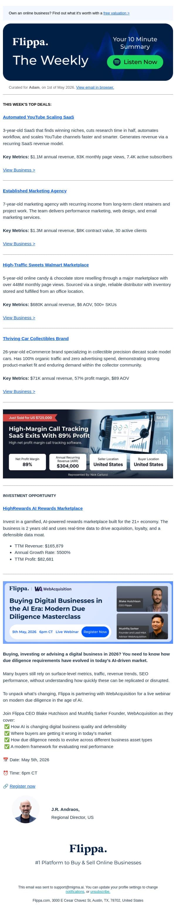 448M Monthly Page Views Sweets Marketplace + $1.1M YouTube Scaling SaaS + 26-Year-Old Car Collectibles Brand email from Flippa screenshot