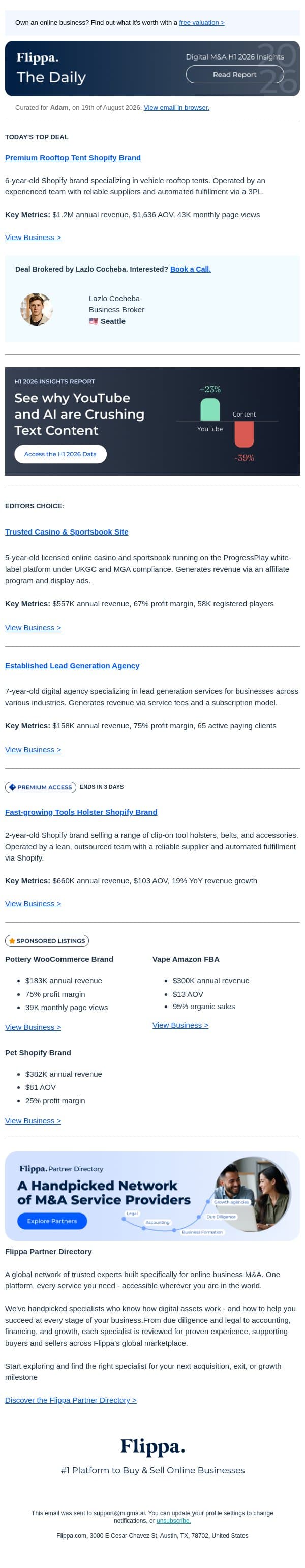 $1.2M Annual Rev Rooftop Tent Brand + Casino & Sportsbook Site with 58K registered players + 7-Yr Lead Gen Agency email from Flippa screenshot