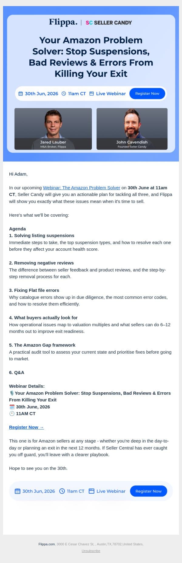 Your Amazon business problems have answers - And we'll cover them in this Live Webinar email from Flippa screenshot