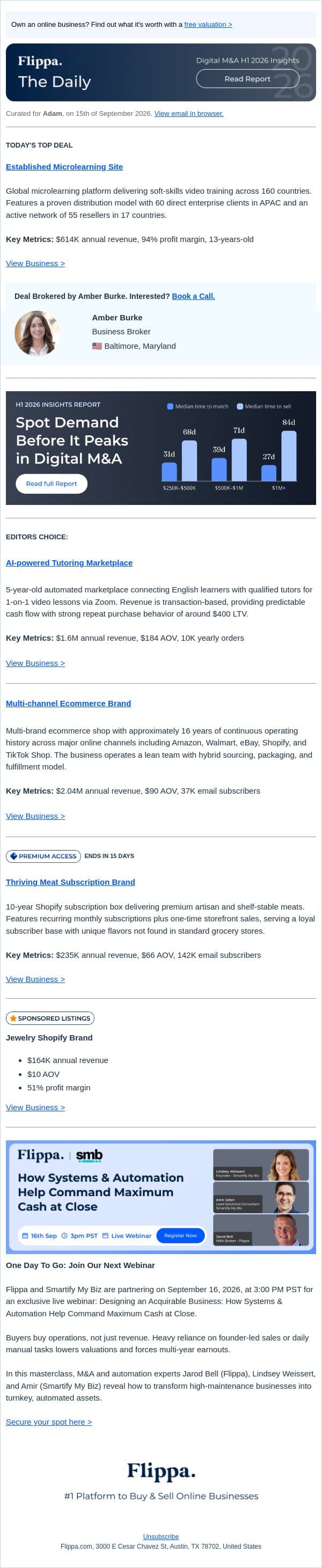 $2.04M Multi-channel Brand + 94% Margin Microlearning Site + 10-Yr Meat Subscription Brand + Tutoring Marketplace w/ 10K yearly orders email from Flippa screenshot