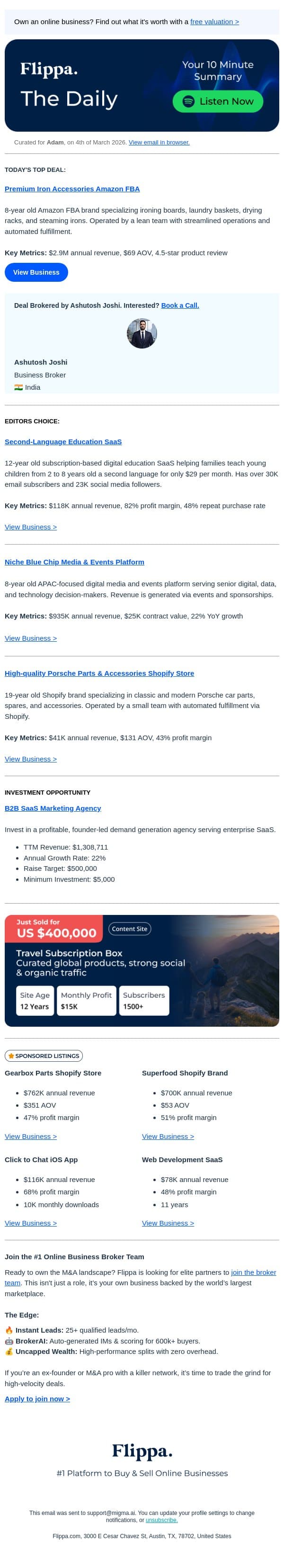 $2.9M Annual Rev Iron Accessories Amazon FBA + More email from Flippa screenshot