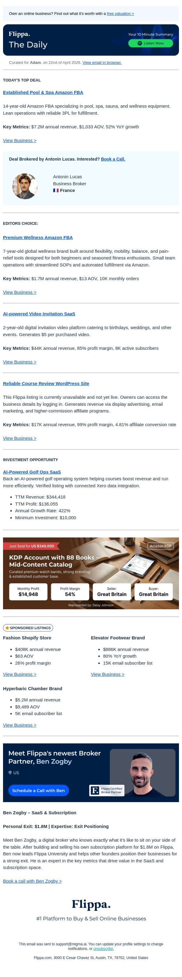 52% YoY Growth | Pool & Spa Amazon FBA email from Flippa screenshot
