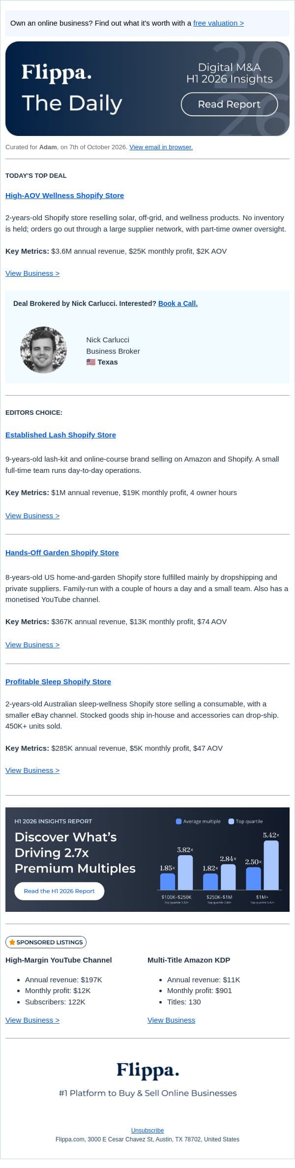 $3.6M Wellness Shopify Store + 9-Yr Lash Brand email from Flippa screenshot