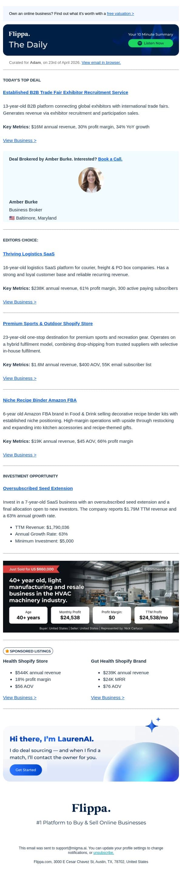 $16M Annual Rev B2B Trade Fair Exhibitor Recruitment Service email from Flippa screenshot